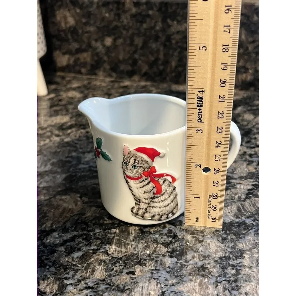 Vintage Christmas Cat Creamer Raised Design Japan Santa Cat Collectible Kitty‎